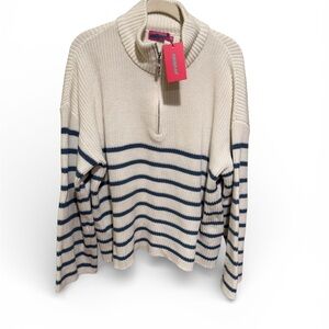 NWT Edikted White & Navy 100% Cotton Quarter Zip Striped Sweater - Size XL